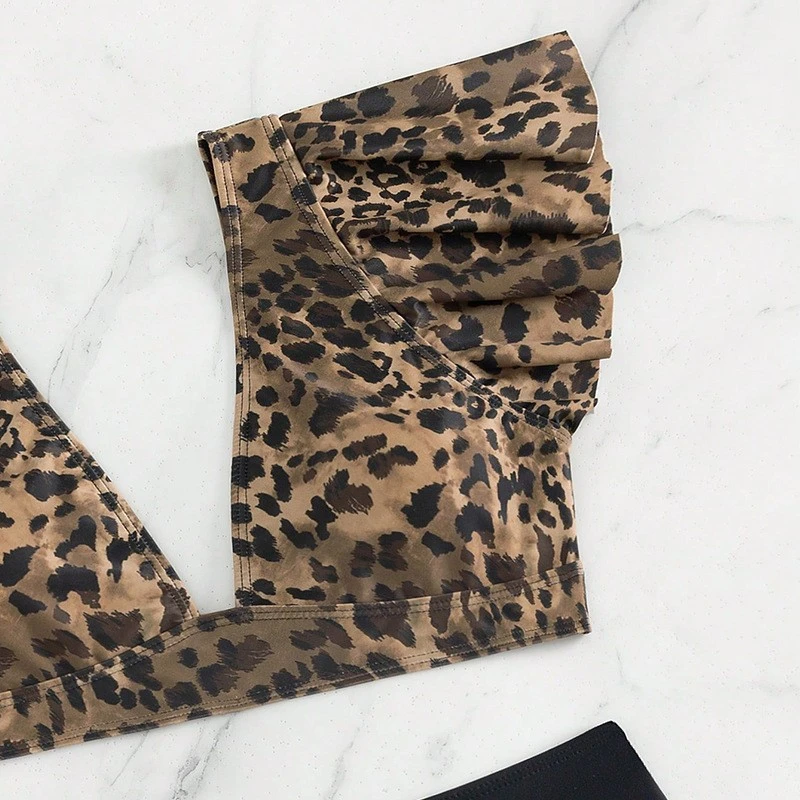 Sexy Ruffled Leopard Print High Waist Bikini Set Women's Island Vacation