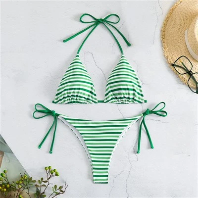 Bikini Triangle Striped Bikini Tetapkan Swimsuit Dua Piece Seksi untuk Percutian Pantai
